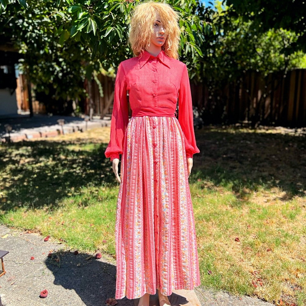 1970s Mr. Bob Red Polkadot Floral Western Style Prairie Maxi Dress